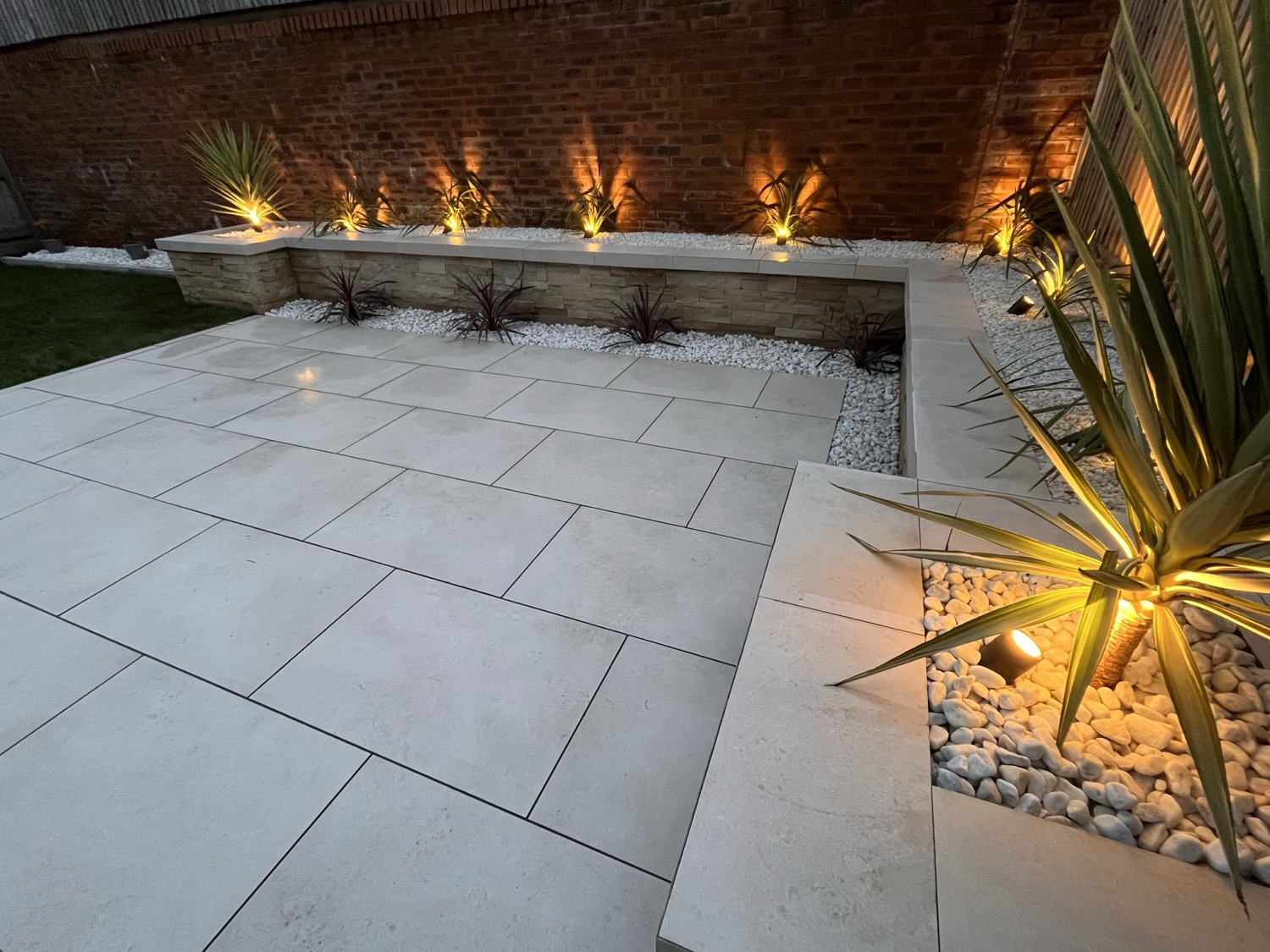 A modern oasis, lit for the evening